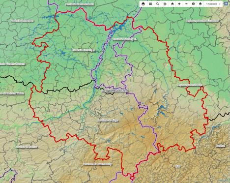 GIS Viewer eurégional - Relief de couche, eau et frontières administratives